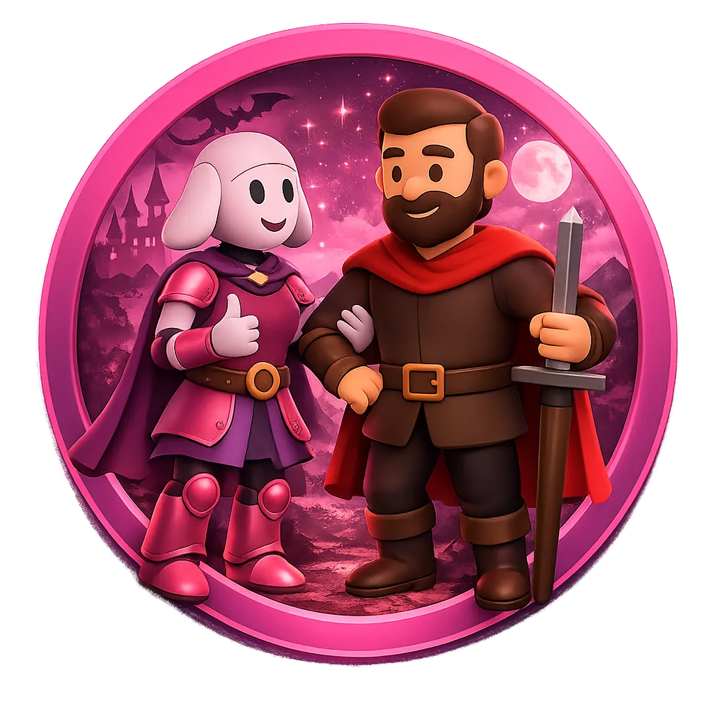 AI girlfriend app showing a customizable virtual companion and a man exploring creative fantasy roleplay in a romantic pink and purple adventure setting.