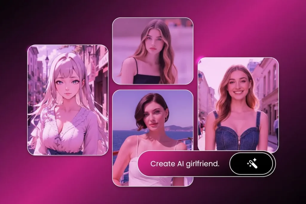 Premium ai girlfriend generator design with multiple female profile images, a polished creation interface, and bold pink brand styling.