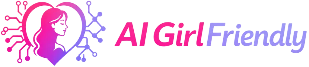 AI GirlFriendly logo for AI girlfriend apps featuring a woman inside a heart with pink and purple circuit lines and a matching gradient wordmark