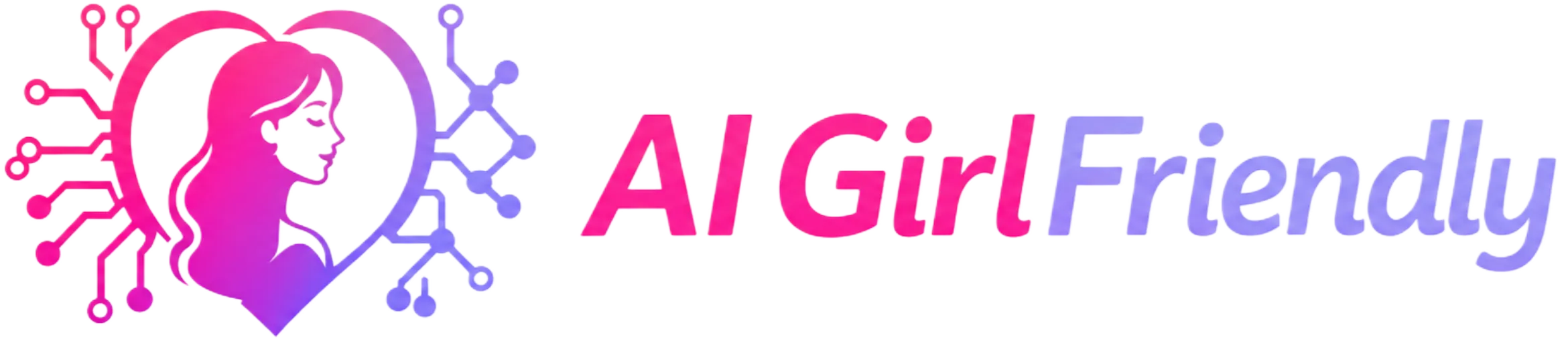 AI GirlFriendly logo for AI girlfriend apps featuring a woman inside a heart with pink and purple circuit lines and a matching gradient wordmark