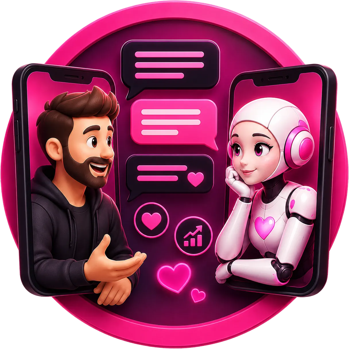 AI girlfriend app helping a man practise texting, flirting, and expressing himself more confidently through relaxed conversations with a virtual companion.