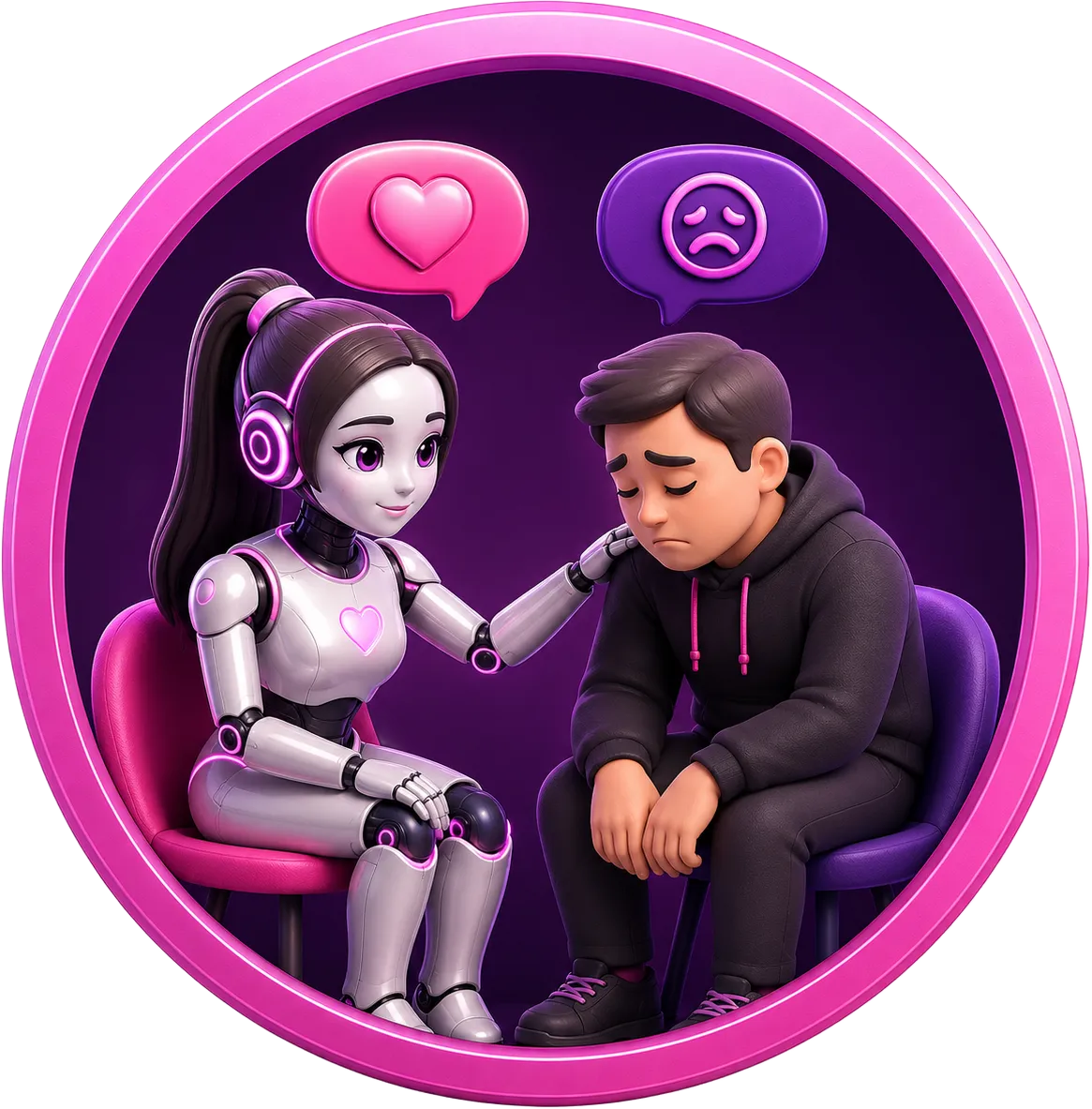 AI girlfriend offering emotional support through an AI girlfriend app, comforting a man after a difficult day and helping him feel heard, supported, and less alone.