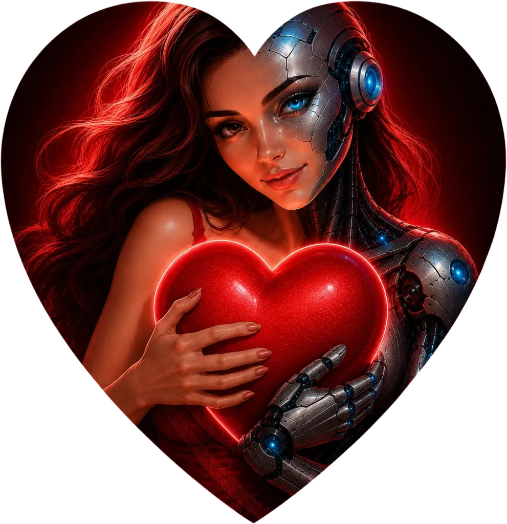 Gorgeous half-human, half-robot AI girlfriend holding a glowing love icon, representing romantic virtual companionship through an AI girlfriend app.