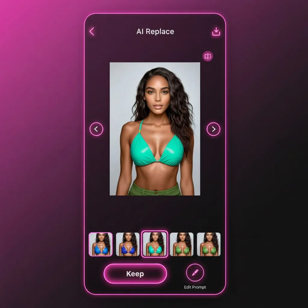Mobile app screen for an ai girlfriend generator featuring a female portrait, editable thumbnails, and a pink-dominant futuristic interface.