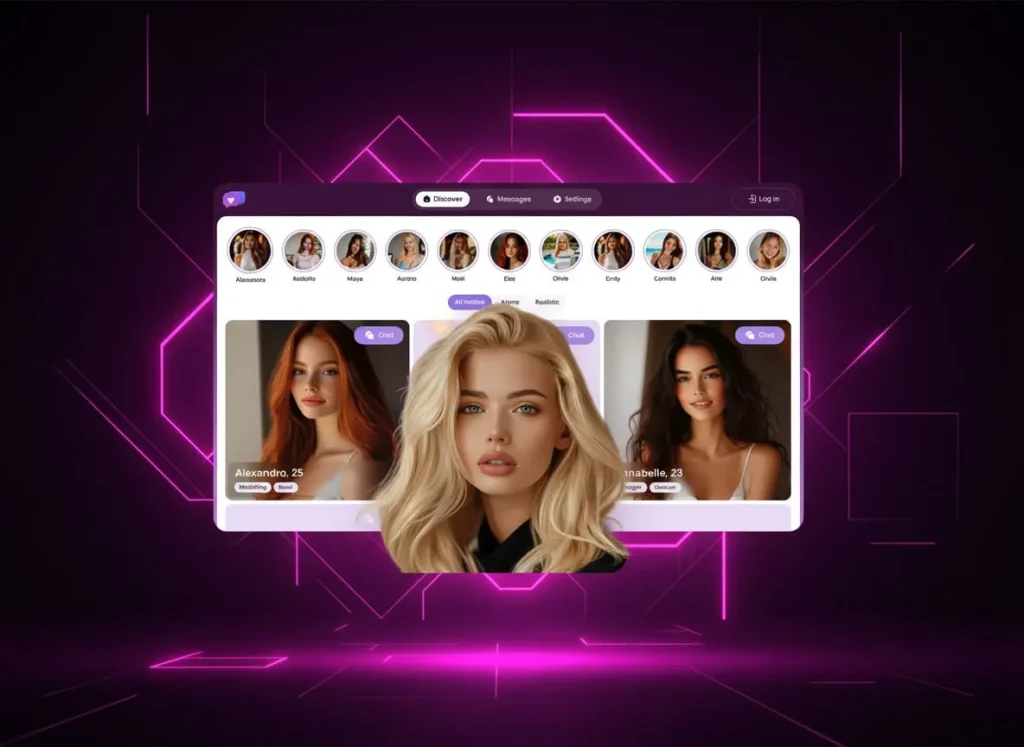 Premium ai girlfriend apps dashboard with visible profile icons, featured women on matching cards, and a glowing pink, purple, and black futuristic background.