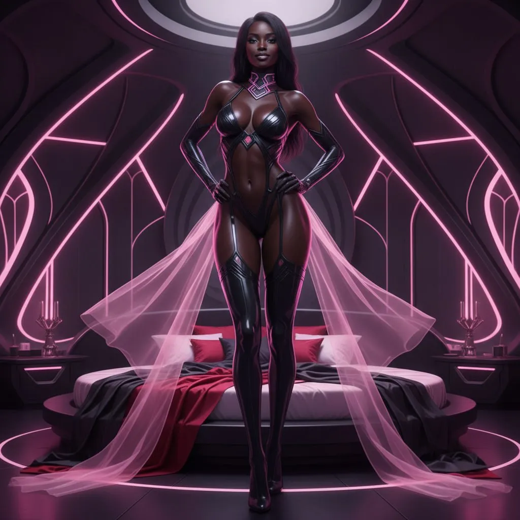 Glamorous Black NSFW AI Girlfriend in a sensual futuristic setting with dominant hot pink tones, black accents, and a polished adult-themed visual style.