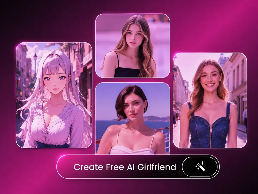 Promotional design for free AI girlfriend apps showing multiple AI companion styles with a call-to-action to create a free AI girlfriend.