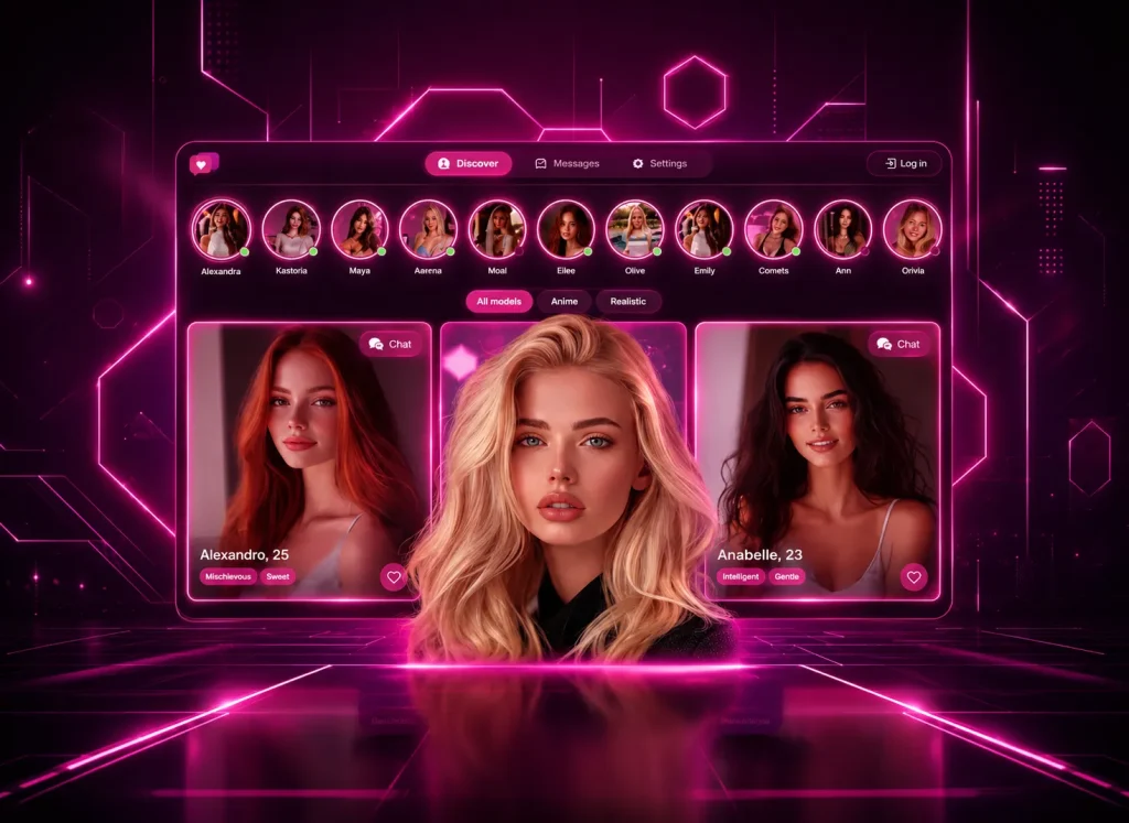 showcase with a modern pink interface displaying multiple virtual companion profiles in a polished futuristic layout.