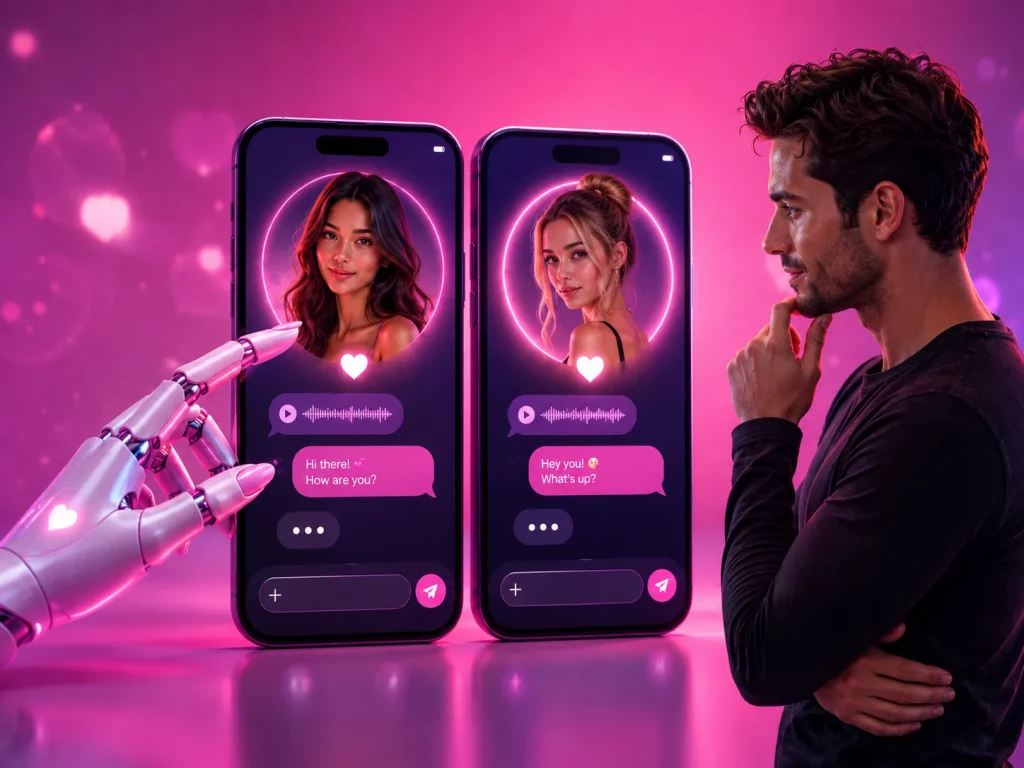 Concept image for free AI girlfriend apps showing a man, AI companion profiles, and a robotic assistant helping users choose and chat with a virtual girlfriend.