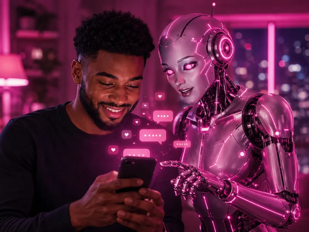 A bearded man chatting on his phone while a robotic companion helps him, showing how AI girlfriend apps work when users chat to AI girlfriend companions and create AI girlfriend interactions.