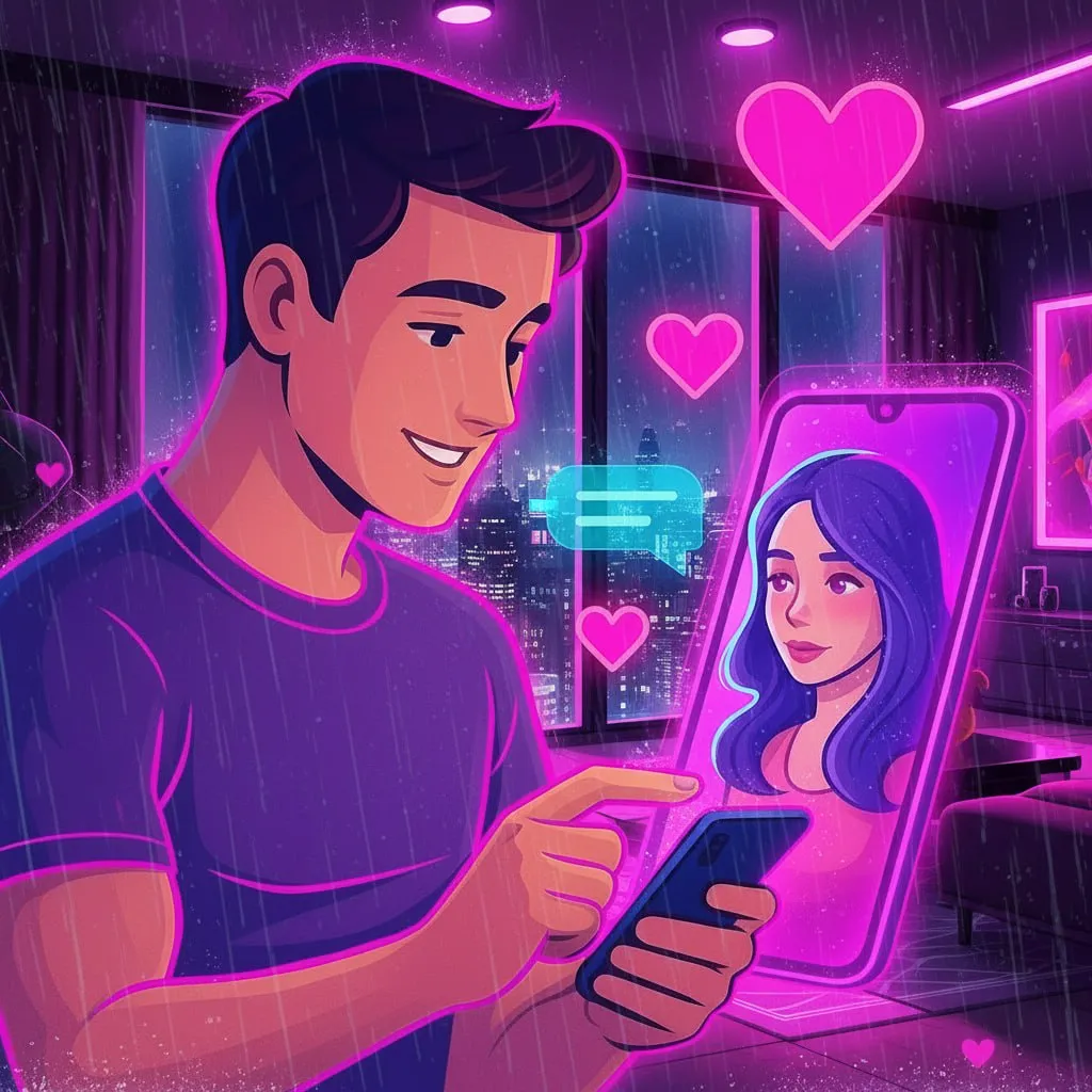 Muscular man in a neon pink-lit high-rise apartment at night using one of the best ai girlfriend apps on his phone, with a virtual girlfriend on screen and rain falling over the city skyline outside.