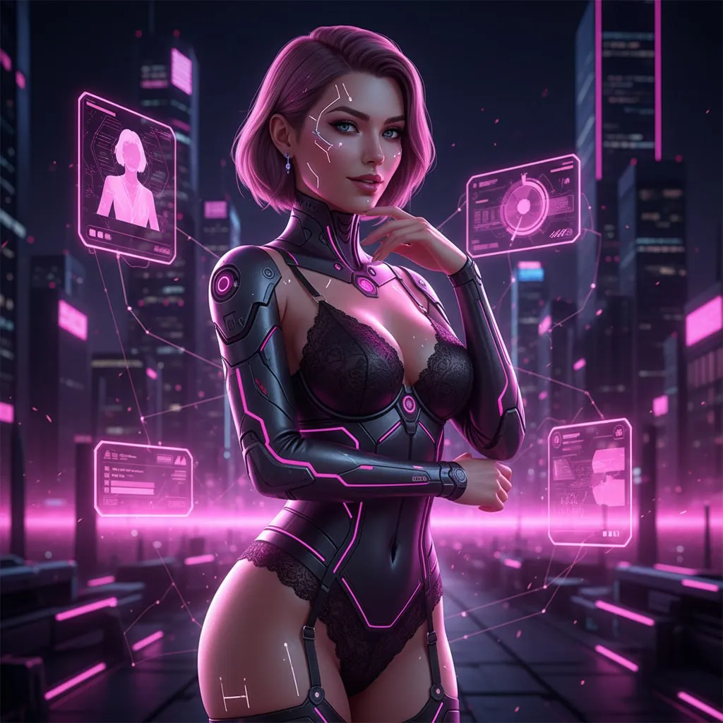 Futuristic NSFW AI Girlfriend in a seductive pose with neon pink and black lighting, sleek cyber styling, and a sensual premium digital companion aesthetic.