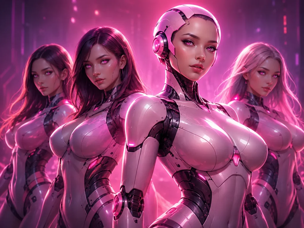 Pink futuristic female androids representing AI girlfriend apps and virtual companions for users who want to create AI girlfriend experiences online.