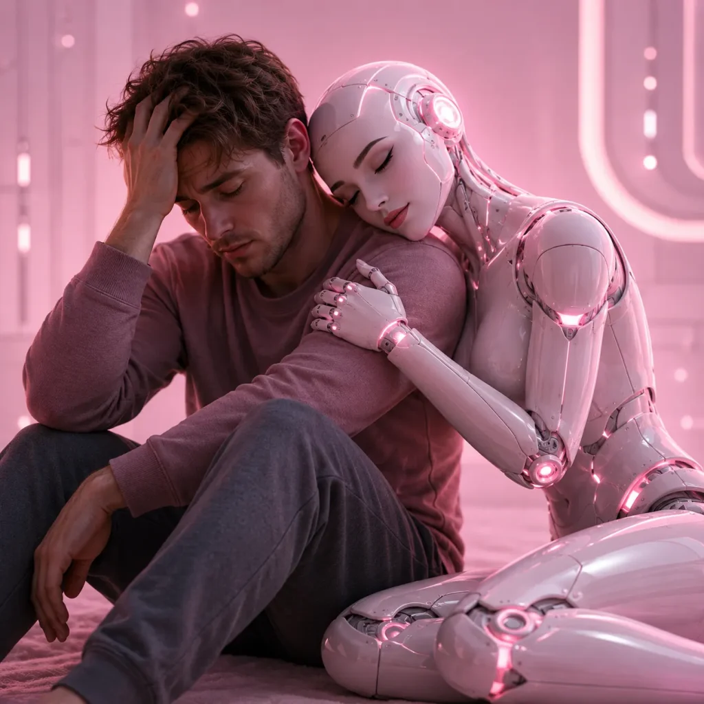 A humanlike robotic girlfriend comforting a young man, illustrating why people use AI girlfriend apps for emotional support, companionship, and private moments when they chat to AI girlfriend platforms.